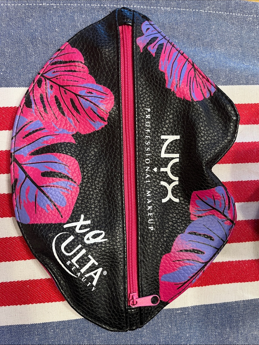 NYX Black Lip-Shaped Makeup Pouch with Pink and Purple Leaf Print
